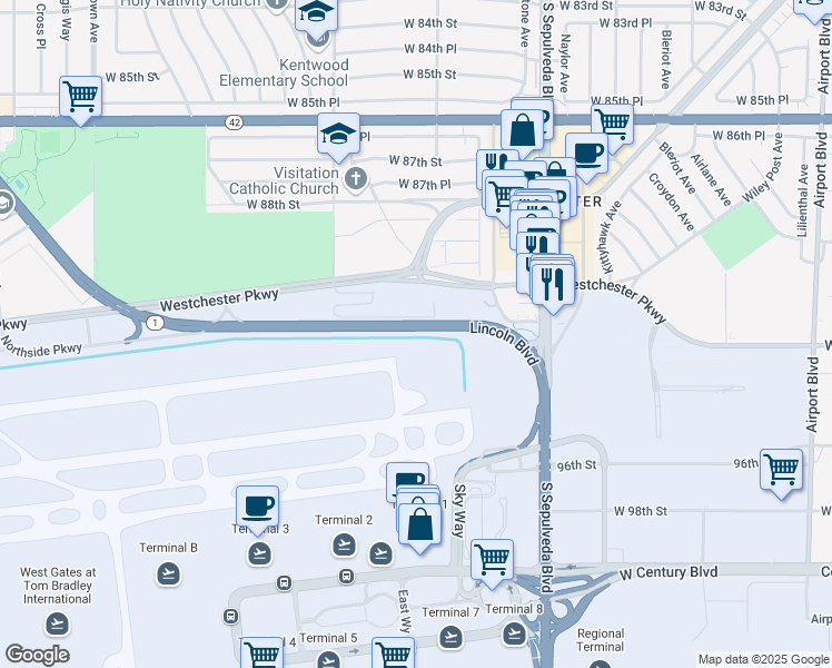 map of restaurants, bars, coffee shops, grocery stores, and more near 9437-9557 Pacific Coast Hwy in Los Angeles