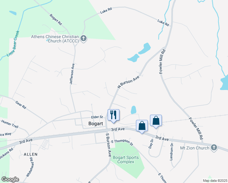map of restaurants, bars, coffee shops, grocery stores, and more near 229 North Burson Avenue in Bogart