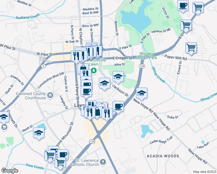 map of restaurants, bars, coffee shops, grocery stores, and more near 118 Green Street in Lawrenceville