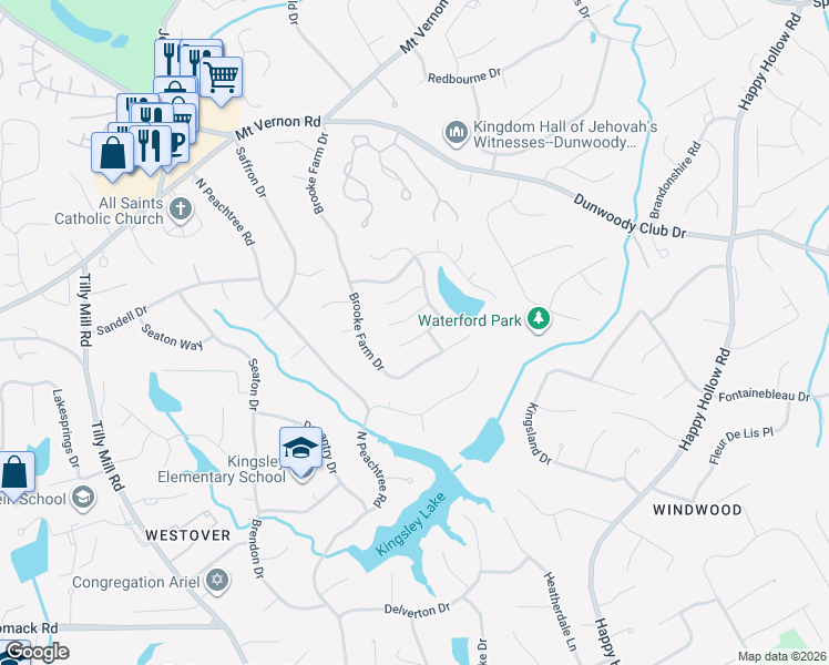 map of restaurants, bars, coffee shops, grocery stores, and more near 5141 Brooke Farm Drive in Dunwoody