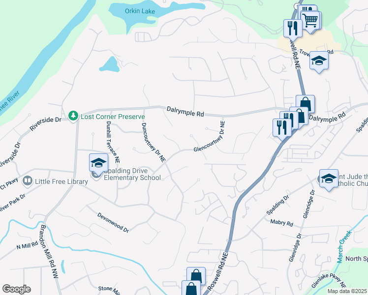 map of restaurants, bars, coffee shops, grocery stores, and more near 7235 Thornhill Lane Northeast in Sandy Springs