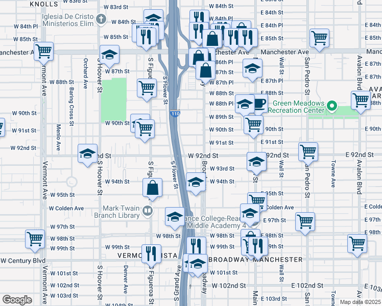map of restaurants, bars, coffee shops, grocery stores, and more near 327 West 92nd Street in Los Angeles