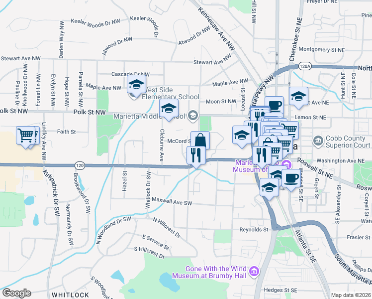 map of restaurants, bars, coffee shops, grocery stores, and more near 38 Oakmont Drive in Marietta