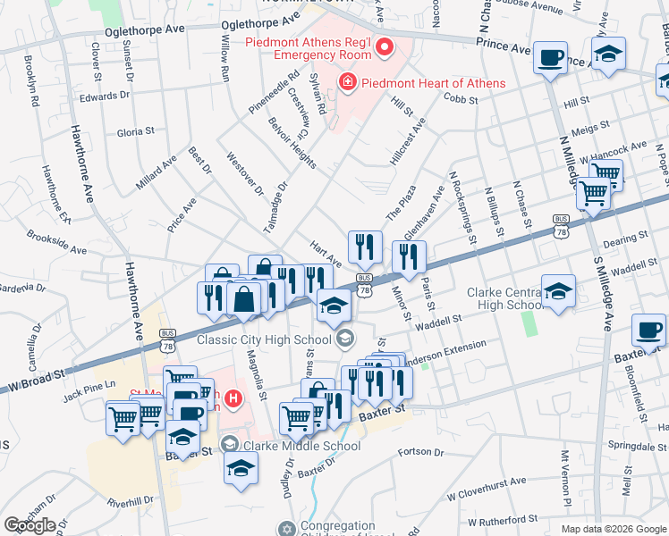 map of restaurants, bars, coffee shops, grocery stores, and more near 1880 West Broad Street in Athens