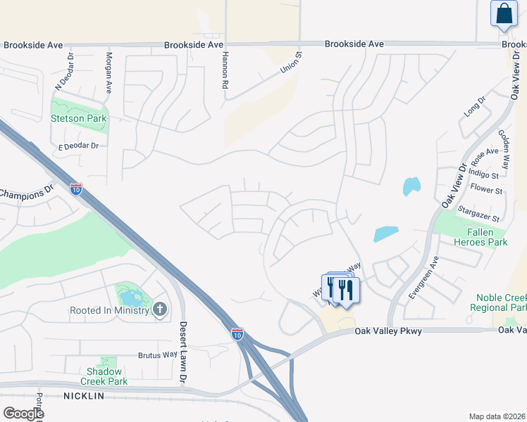 map of restaurants, bars, coffee shops, grocery stores, and more near 1566 Rockrose Way in Beaumont