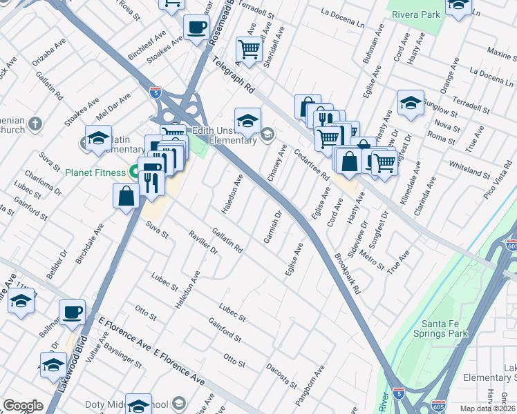 map of restaurants, bars, coffee shops, grocery stores, and more near 9123 Lemoran Avenue in Downey