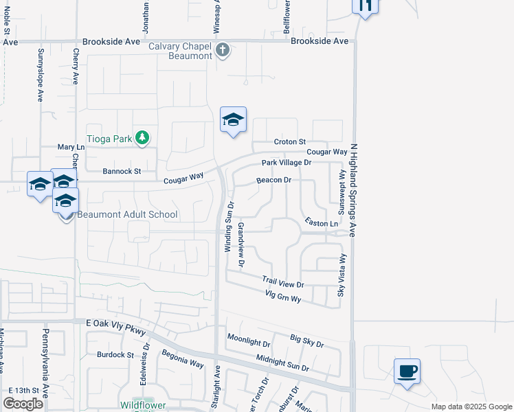 map of restaurants, bars, coffee shops, grocery stores, and more near 1526 Cadence Way in Beaumont