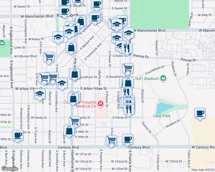 map of restaurants, bars, coffee shops, grocery stores, and more near 829 South Flower Street in Inglewood