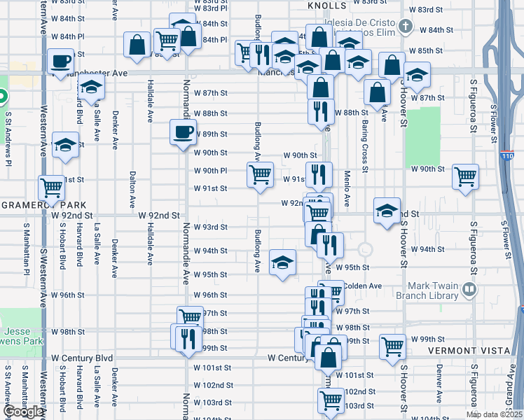 map of restaurants, bars, coffee shops, grocery stores, and more near 9223 Budlong Avenue in Los Angeles