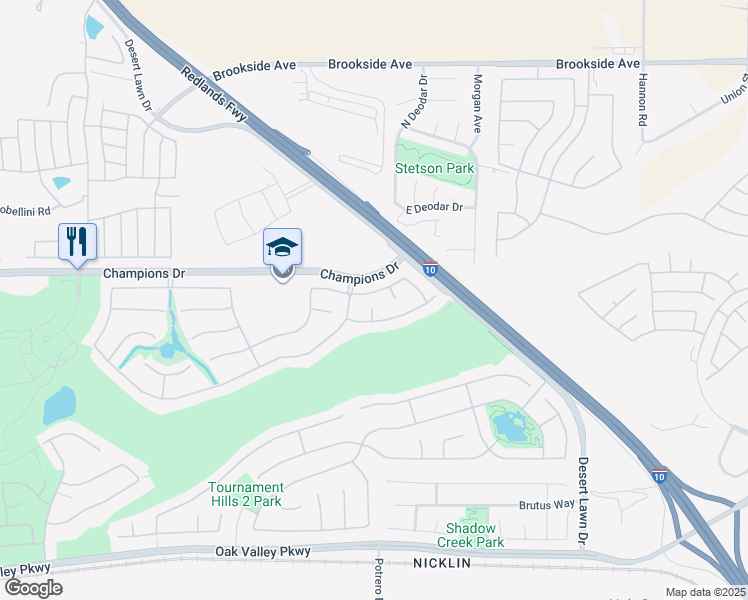 map of restaurants, bars, coffee shops, grocery stores, and more near 37089 Meadow Brook Way in Beaumont