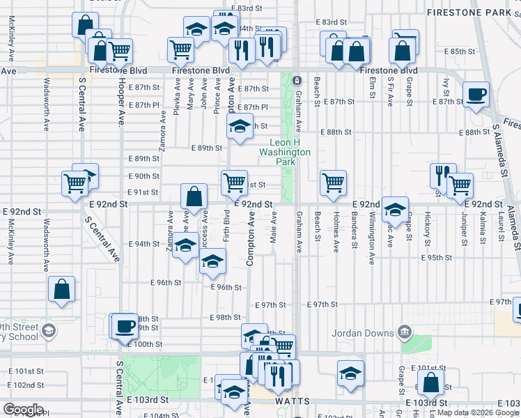 map of restaurants, bars, coffee shops, grocery stores, and more near 1612 East 92nd Street in Los Angeles