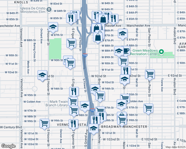 map of restaurants, bars, coffee shops, grocery stores, and more near 327 West 92nd Street in Los Angeles