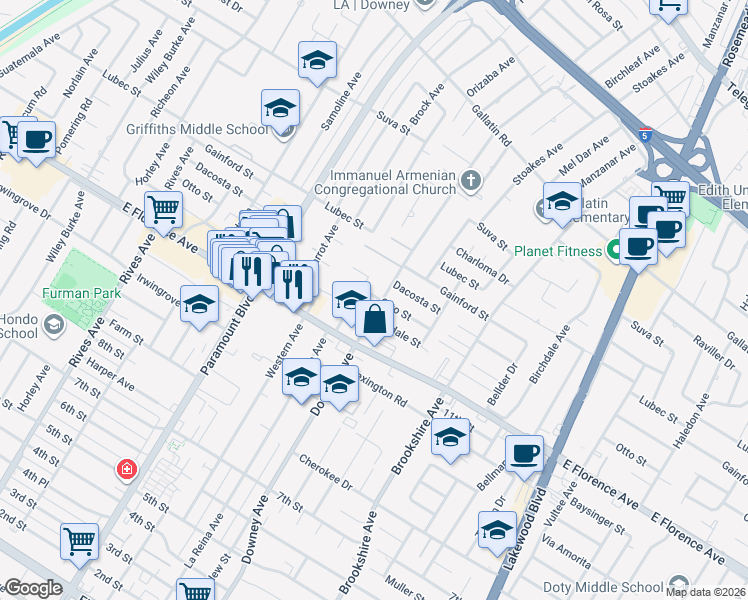map of restaurants, bars, coffee shops, grocery stores, and more near 10023 Downey Avenue in Downey