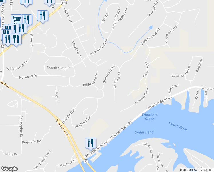 map of restaurants, bars, coffee shops, grocery stores, and more near 105 Greenbriar Road in Gadsden