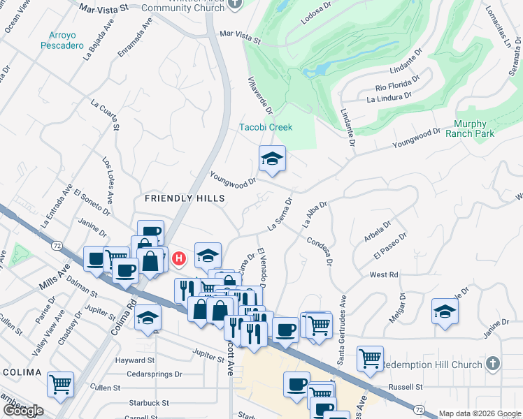 map of restaurants, bars, coffee shops, grocery stores, and more near 9434 Friendly Woods Lane in Whittier