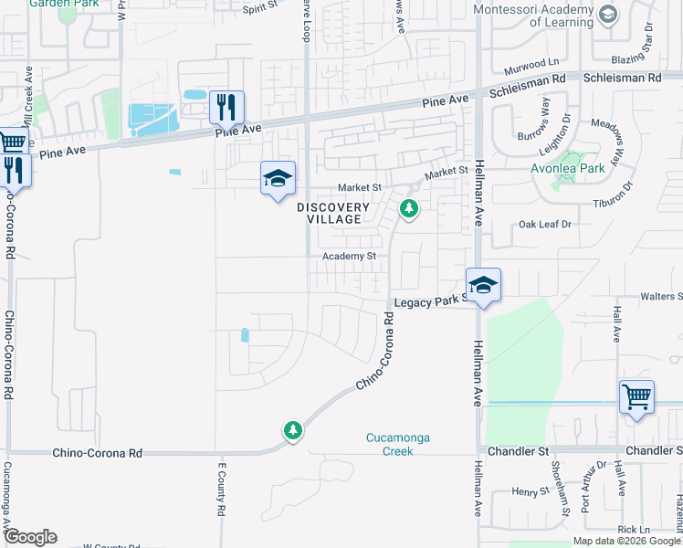 map of restaurants, bars, coffee shops, grocery stores, and more near 8551 Hereford Drive in Chino