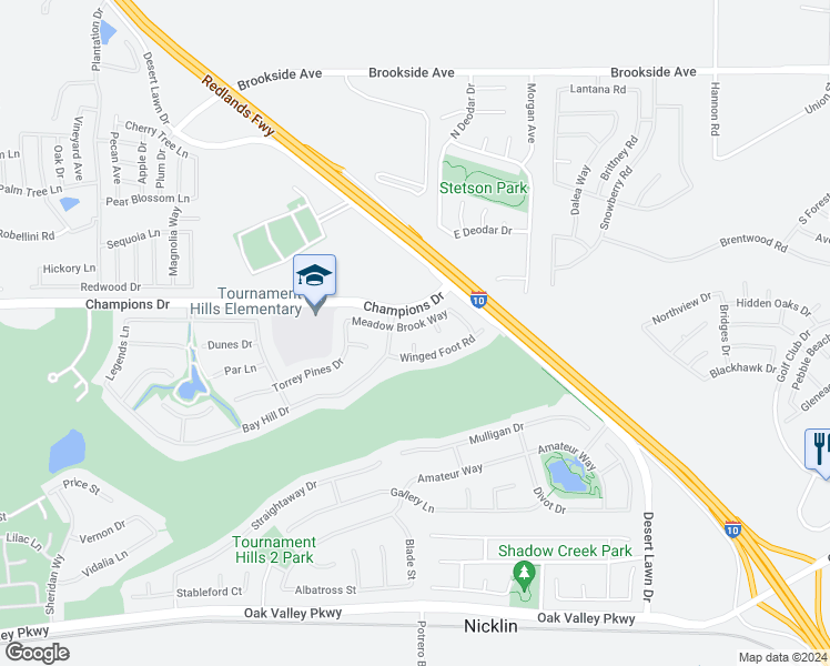 map of restaurants, bars, coffee shops, grocery stores, and more near 37089 Meadow Brook Way in Beaumont