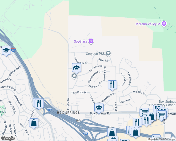 map of restaurants, bars, coffee shops, grocery stores, and more near 21250 Tennyson Road in Moreno Valley