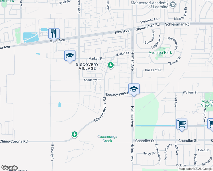 map of restaurants, bars, coffee shops, grocery stores, and more near 16564 Pathfinder Avenue in Chino