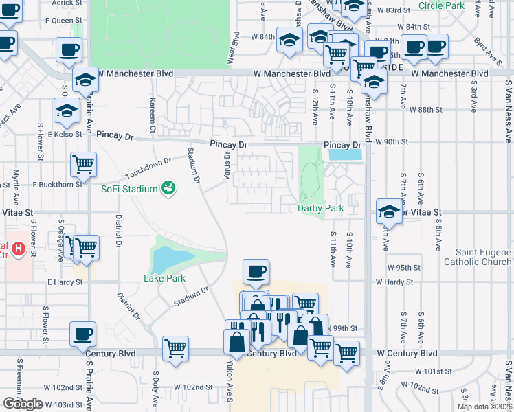 map of restaurants, bars, coffee shops, grocery stores, and more near 3624 Medici Lane in Inglewood