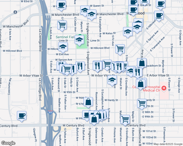 map of restaurants, bars, coffee shops, grocery stores, and more near 330 West Arbor Vitae Street in Inglewood
