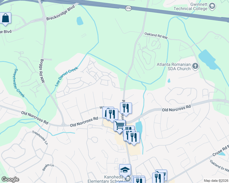 map of restaurants, bars, coffee shops, grocery stores, and more near 2522 Wildrose Circle in Lawrenceville