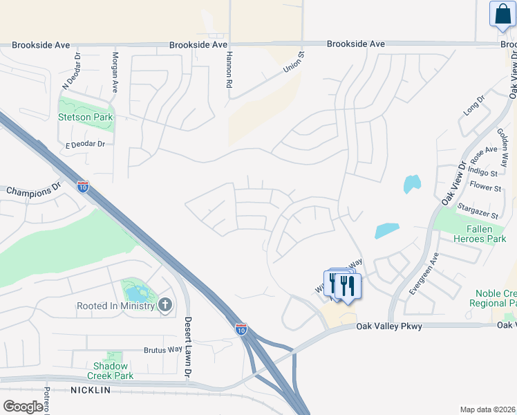 map of restaurants, bars, coffee shops, grocery stores, and more near 1566 Rockrose Way in Beaumont