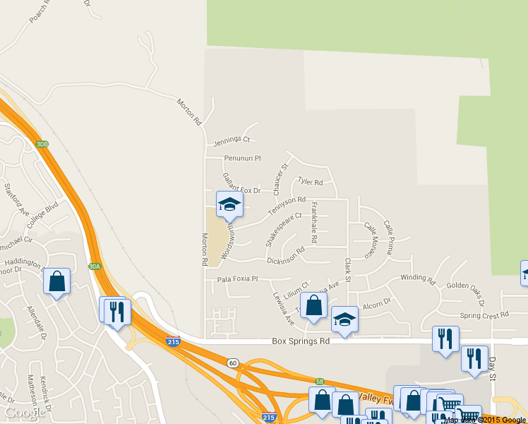 map of restaurants, bars, coffee shops, grocery stores, and more near 21250 Tennyson Road in Moreno Valley