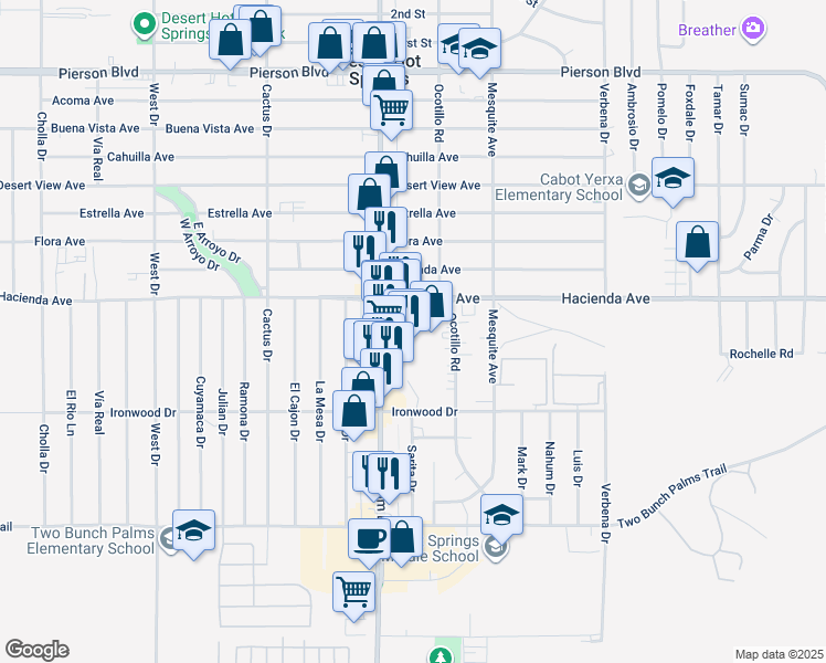 map of restaurants, bars, coffee shops, grocery stores, and more near 13180 Palm Drive in Desert Hot Springs