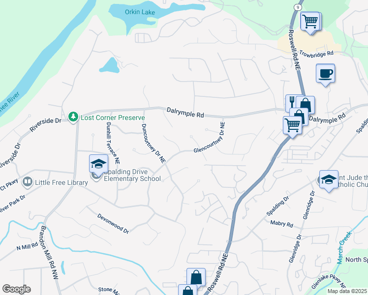 map of restaurants, bars, coffee shops, grocery stores, and more near 7235 Thornhill Lane Northeast in Atlanta