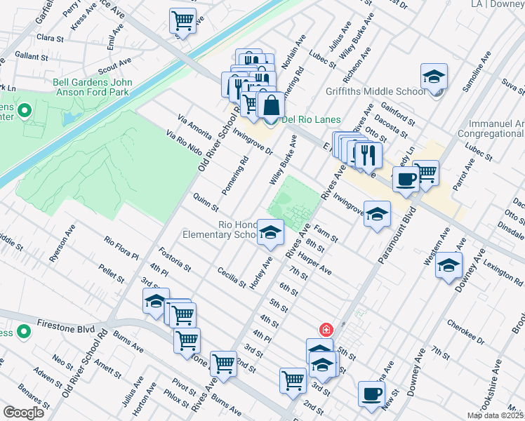 map of restaurants, bars, coffee shops, grocery stores, and more near 10530 Wiley Burke Avenue in Downey