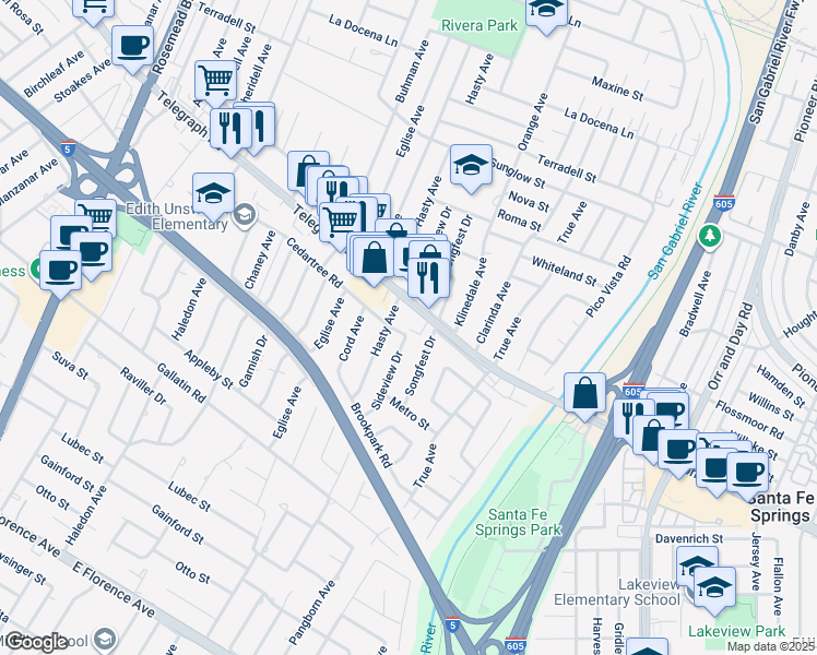 map of restaurants, bars, coffee shops, grocery stores, and more near 9523 Cedartree Road in Downey