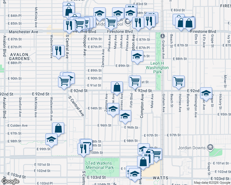 map of restaurants, bars, coffee shops, grocery stores, and more near 1420 East 92nd Street in Los Angeles
