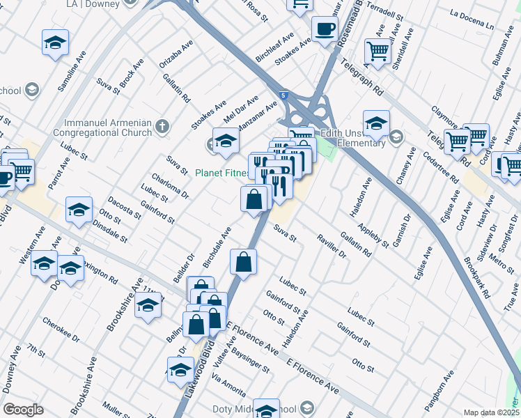 map of restaurants, bars, coffee shops, grocery stores, and more near 9625 Lakewood Boulevard in Downey
