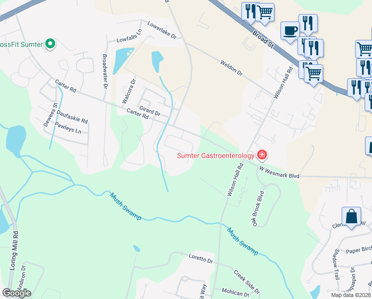 map of restaurants, bars, coffee shops, grocery stores, and more near 1295 Cutleaf Drive in Sumter