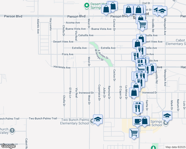 map of restaurants, bars, coffee shops, grocery stores, and more near 13227 Santa Ysabel Drive in Desert Hot Springs