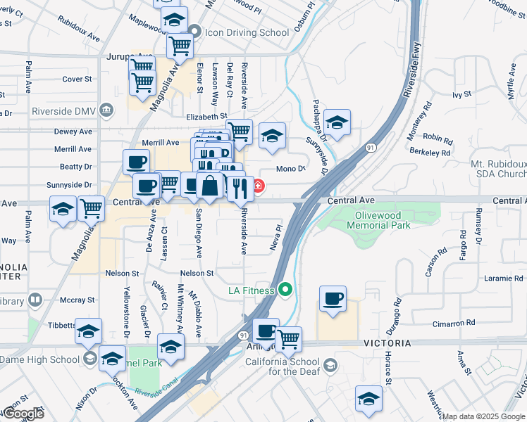 map of restaurants, bars, coffee shops, grocery stores, and more near 3484 Central Avenue in Riverside