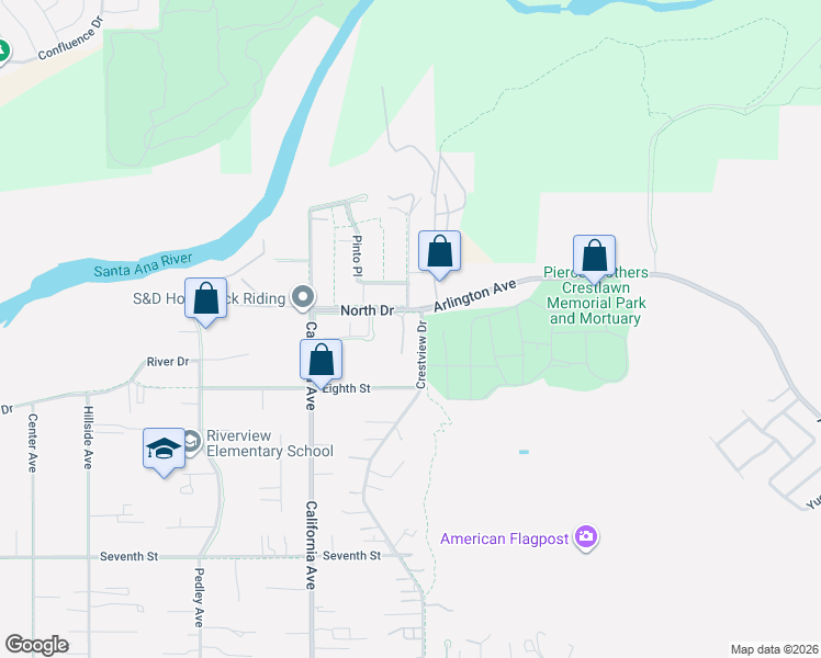 map of restaurants, bars, coffee shops, grocery stores, and more near 4801 Wyatt Circle in Norco
