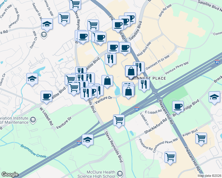 map of restaurants, bars, coffee shops, grocery stores, and more near 3775 Venture Drive in Duluth
