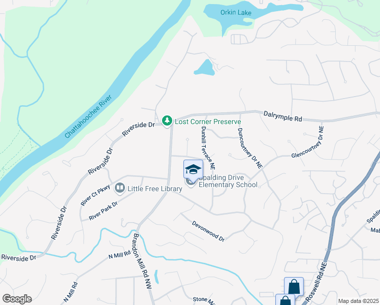 map of restaurants, bars, coffee shops, grocery stores, and more near 115 Dunhill Court Northeast in Sandy Springs