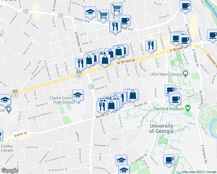 map of restaurants, bars, coffee shops, grocery stores, and more near 310 South Church Street in Athens