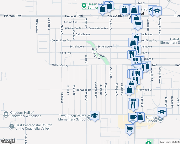 map of restaurants, bars, coffee shops, grocery stores, and more near 13227 Santa Ysabel Drive in Desert Hot Springs