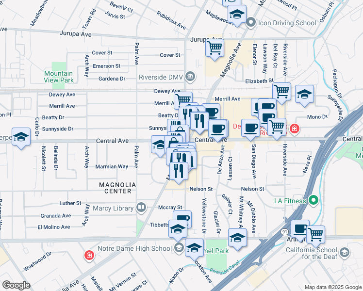 map of restaurants, bars, coffee shops, grocery stores, and more near 6665 Magnolia Avenue in Riverside