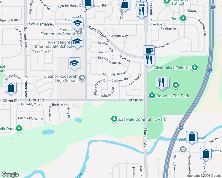 map of restaurants, bars, coffee shops, grocery stores, and more near 12862 Clemson Drive in Corona