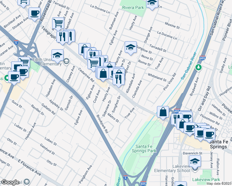 map of restaurants, bars, coffee shops, grocery stores, and more near 9127 Songfest Drive in Downey