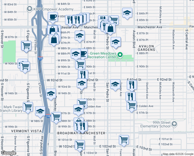 map of restaurants, bars, coffee shops, grocery stores, and more near 152 East 92nd Street in Los Angeles