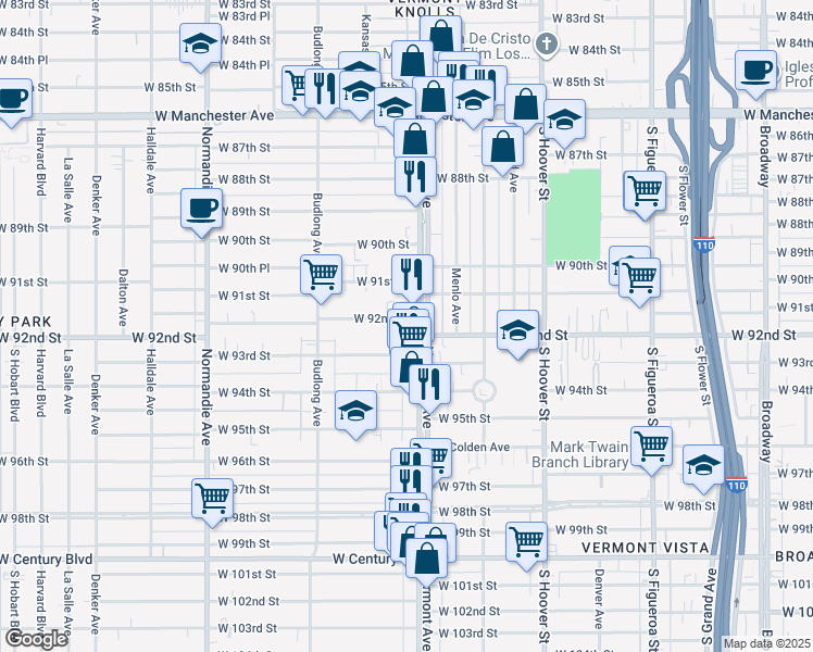 map of restaurants, bars, coffee shops, grocery stores, and more near 1031 West 93rd Street in Los Angeles
