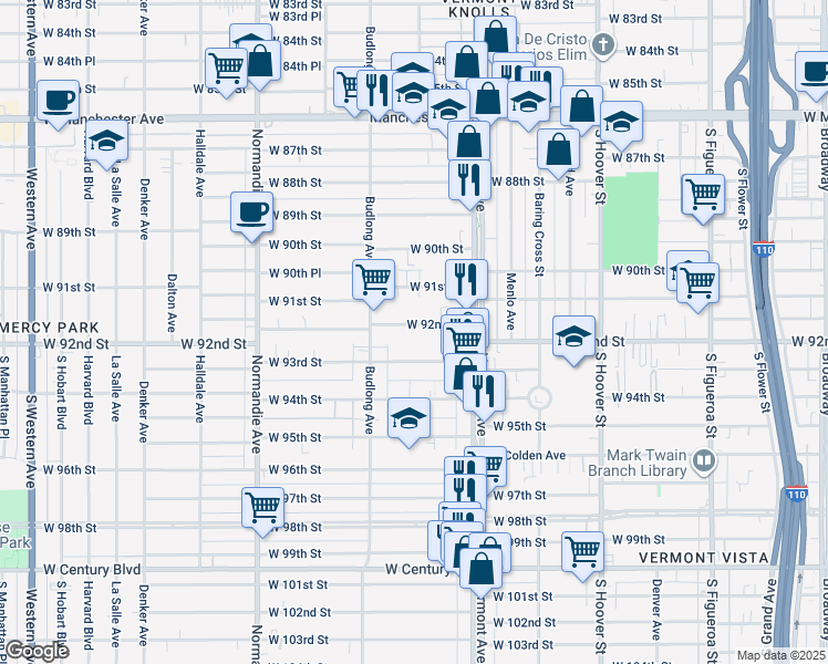 map of restaurants, bars, coffee shops, grocery stores, and more near 1115 3/4 West 93rd Street in Los Angeles