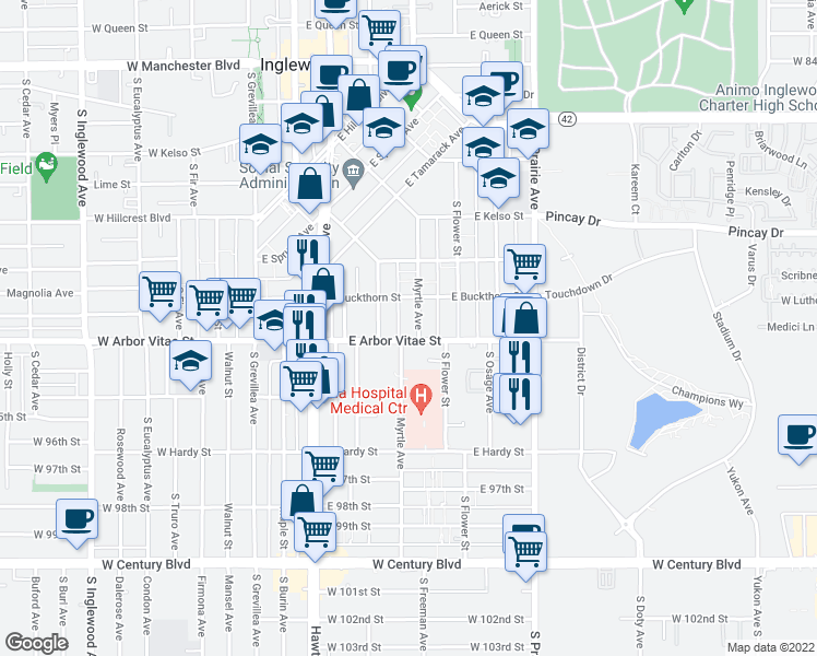 map of restaurants, bars, coffee shops, grocery stores, and more near 510 East Arbor Vitae Street in Inglewood