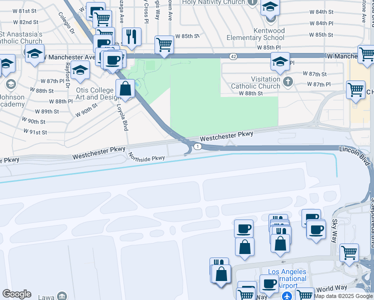 map of restaurants, bars, coffee shops, grocery stores, and more near Northside Parkway in Los Angeles